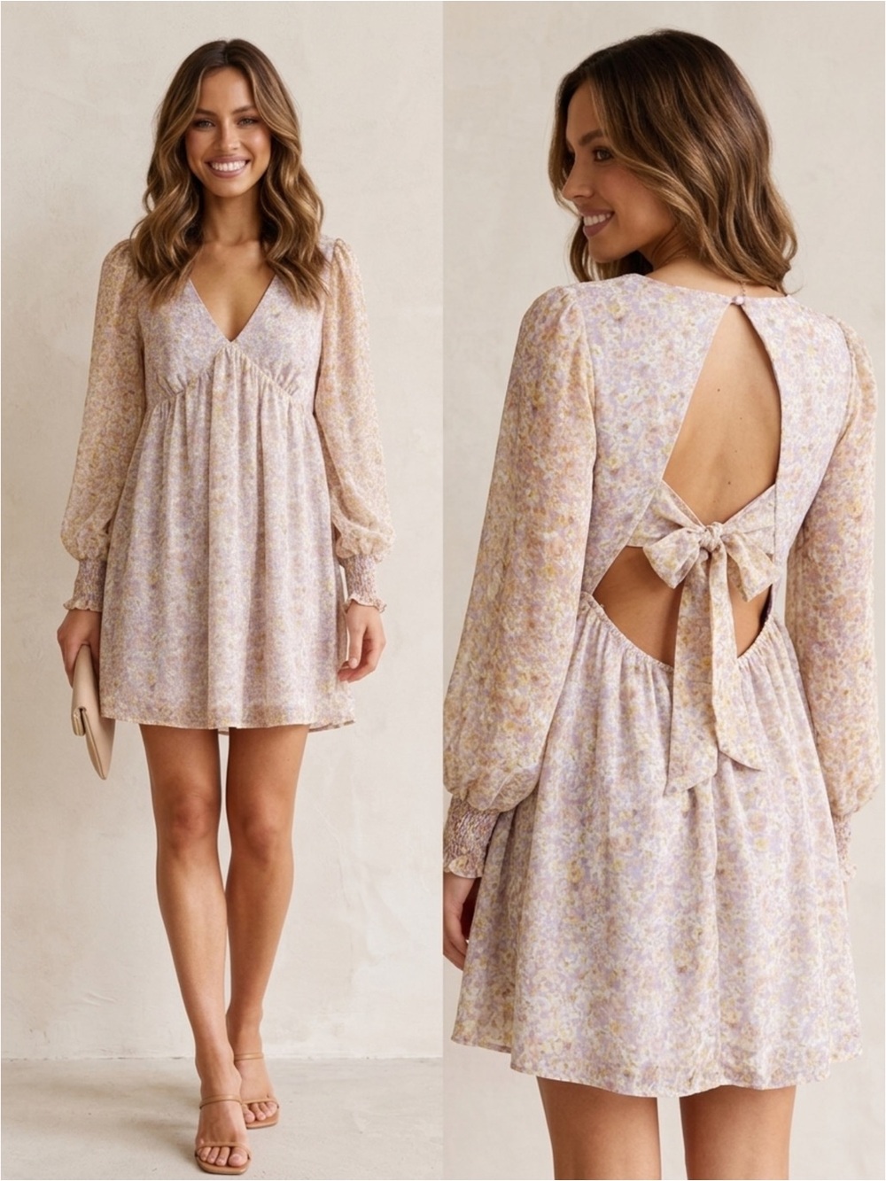 Lush Floral Open Tie Back Long Sleeve Mini Dress M⁠ Prairie Cottage
